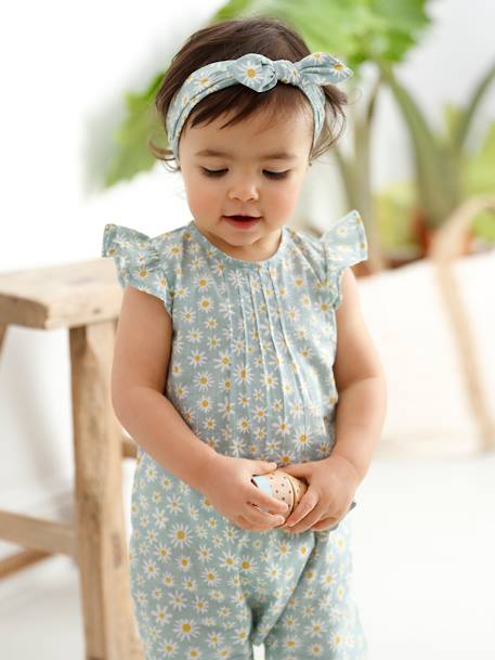 Bedrukt setje pakje + hoofdband baby meisje lichtroze+roze (poederkleur)+zeegroen met print - vertbaudet enfant 