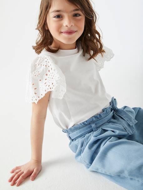 Pantacourt fille large en denim léger style 'paperbag' bleu moyen+double stone - vertbaudet enfant 