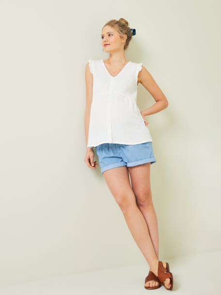 Blouse de grossesse et d'allaitement gaze de coton BLANC CLAIR IMPRIME+VERT MOYEN UNI AVEC DECOR - vertbaudet enfant 
