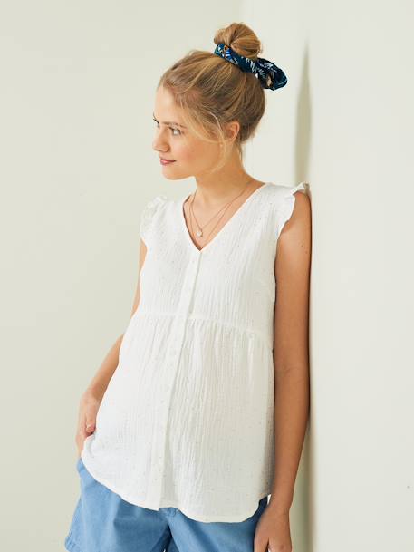 Blouse de grossesse et d'allaitement gaze de coton BLANC CLAIR IMPRIME+VERT MOYEN UNI AVEC DECOR - vertbaudet enfant 
