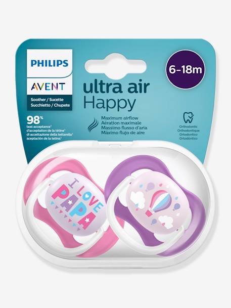 Set met 2 fopspenen Philips AVENT Ultra Air animals 2e leeftijd I love papa + luchtballon+Pinguïn + olifant - vertbaudet enfant 