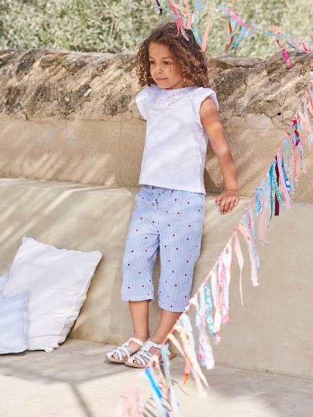 Meisjesshirt van Engels borduurwerk en mouwen met stroken marineblauw+WIT+ZACHTGROEN - vertbaudet enfant 