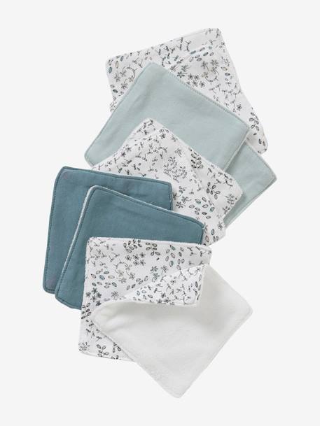 Set van 10 washandjes beige, bedrukt+plantenprint/blauw/groen+set roze - vertbaudet enfant 