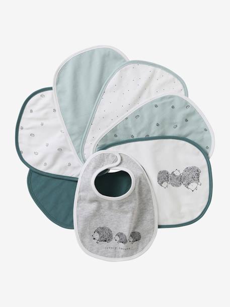 Lot 7 bavoirs naissance en coton bio* beige imprimé+blanc jungle+carreaux vert+Hérisson+multicolore+rose pâle+vert d'eau - vertbaudet enfant 