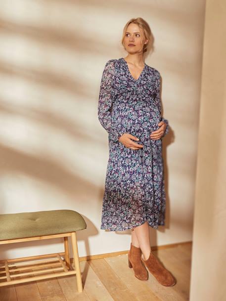 Lange jurk crêpe met print zwangerschap en borstvoeding AOP blauw - vertbaudet enfant 