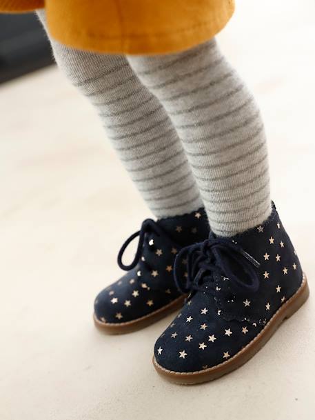 Laarzen met leren veters voor meisjesbaby's bordeauxrood+marine met sterrenprint - vertbaudet enfant 