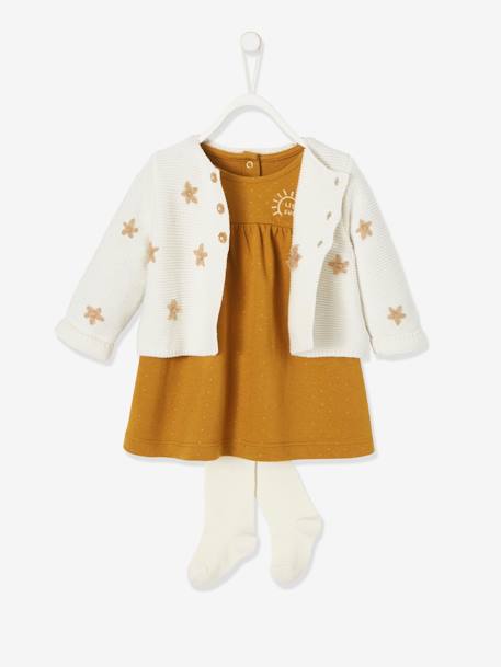 Geborduurd vestje + fleece jurkje + maillot babyset caramel met print+rozenhout - vertbaudet enfant 
