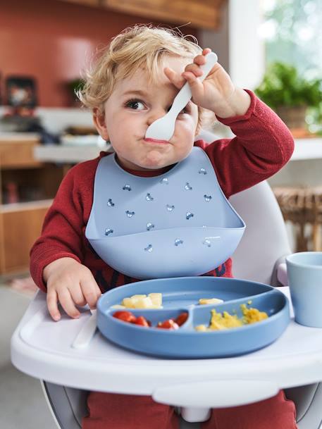 Bavoir avec récupérateur en silicone blanc terrazzo+bleu jean+vieux rose - vertbaudet enfant 