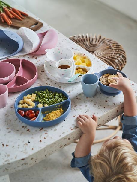 Bavoir avec récupérateur en silicone blanc terrazzo+bleu jean+vieux rose - vertbaudet enfant 