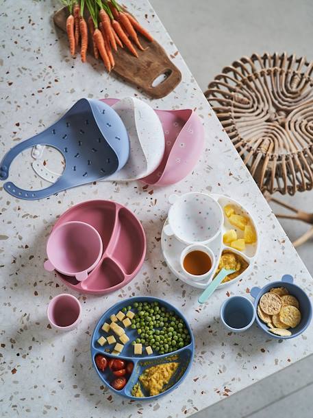 Bavoir avec récupérateur en silicone blanc terrazzo+bleu jean+vieux rose - vertbaudet enfant 