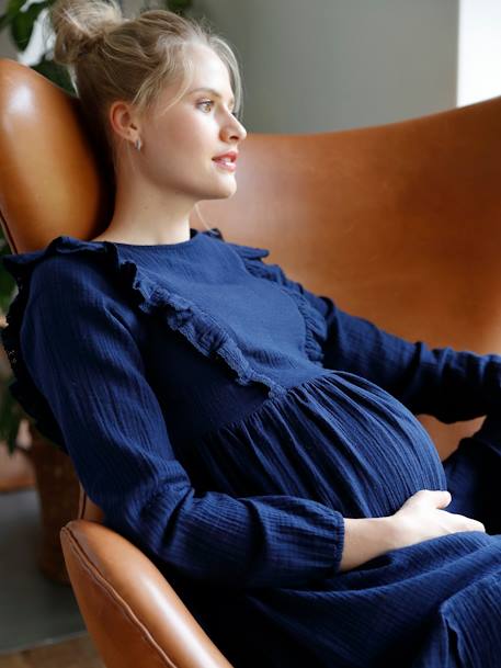 Zwangerschaps- en borstvoedingsjurk van katoengaas inkt - vertbaudet enfant 