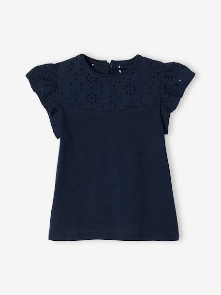 T-shirt fille détails en broderie anglaise BLANC+bleu marine+VERT PALE - vertbaudet enfant 