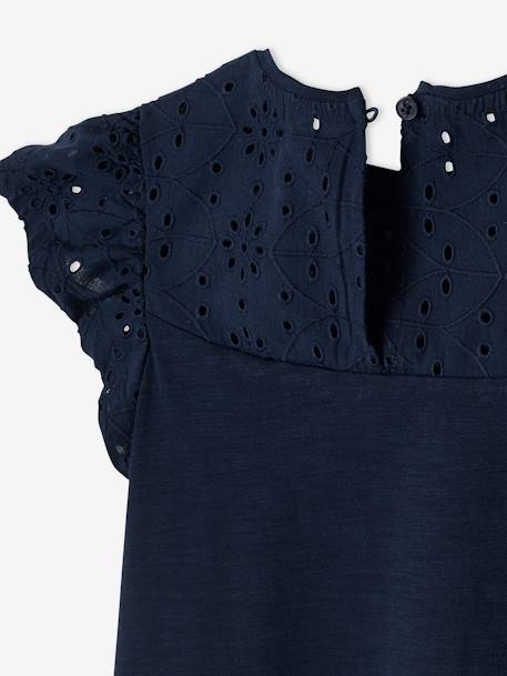 T-shirt fille détails en broderie anglaise BLANC+bleu marine+VERT PALE - vertbaudet enfant 