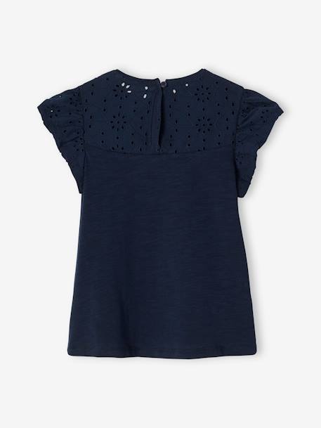 T-shirt fille détails en broderie anglaise BLANC+bleu marine+VERT PALE - vertbaudet enfant 