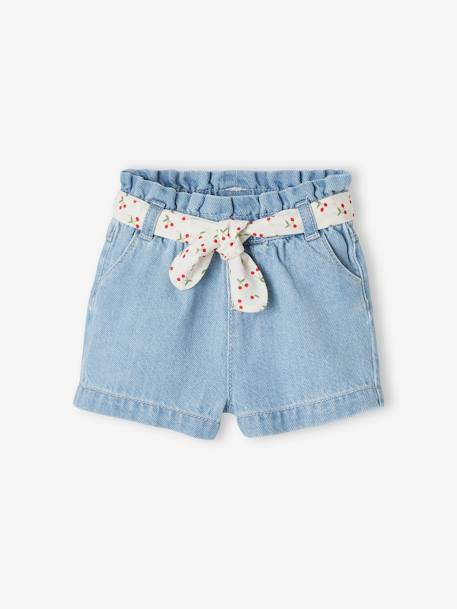 Short bébé fille paperbag avec ceinture imprimée denim bleached - vertbaudet enfant 