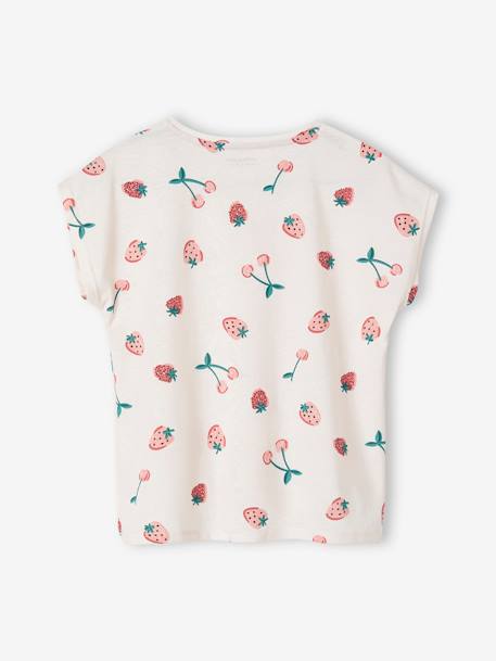 Gestreept T-shirt voor meisjes met sierstrik lavendel+rose paars bedrukt+rozen+wit - vertbaudet enfant 