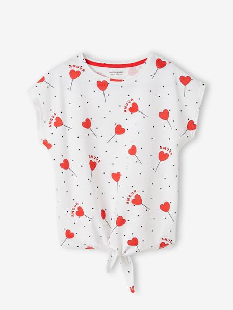 Gestreept T-shirt voor meisjes sierstrik - wit / rood, Meisje