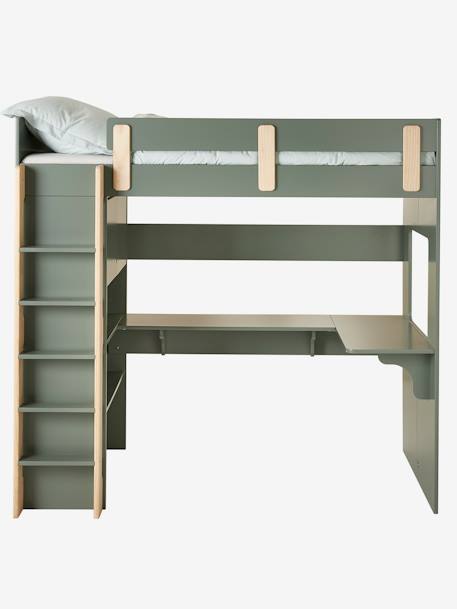 Lit mezzanine avec bureau et rangement LIGNE EVEREST BLANC/BOIS+Kaki - vertbaudet enfant 