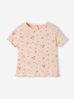 Baby-T-shirt, coltrui-T-shirt-Babyshirt met bloemen in geribbeld tricot