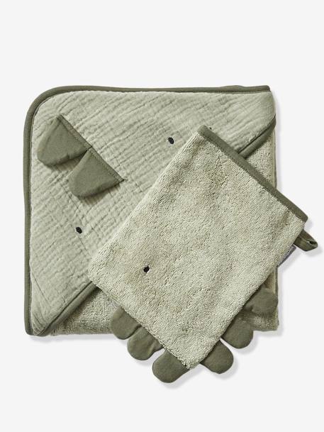 Baby-badcape in katoengaas  + washandje KLEINE DINO groen - vertbaudet enfant 