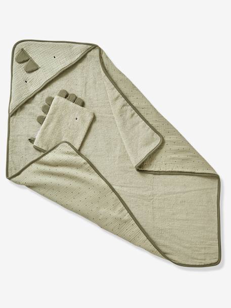 Baby-badcape in katoengaas  + washandje KLEINE DINO groen - vertbaudet enfant 