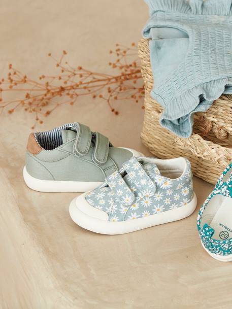 Stoffen tennisschoenen met klittenband voor babymeisjes blauwe madeliefjesprint+roze, bedrukt+WIT - vertbaudet enfant 