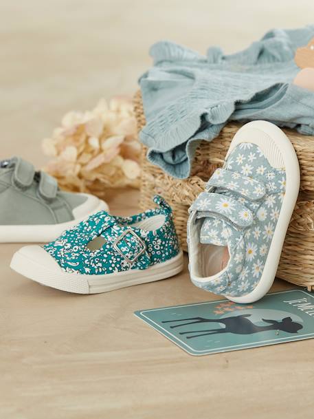 Stoffen tennisschoenen met klittenband voor babymeisjes blauwe madeliefjesprint+roze, bedrukt+WIT - vertbaudet enfant 
