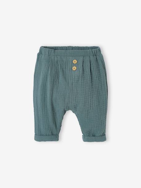 Pantalon bébé mixte coupe sarouel en gaze de coton Blanc+Bleu+cappuccino+tilleul - vertbaudet enfant 