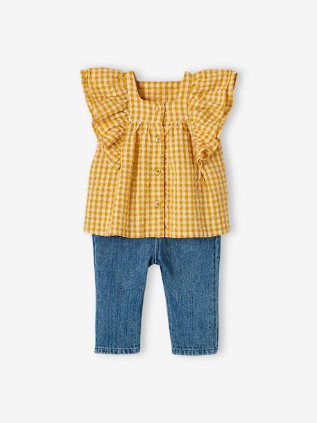 Set blouse met vichyruiten in seersucker en wijde jeans baby okergele ruitjes - vertbaudet enfant 