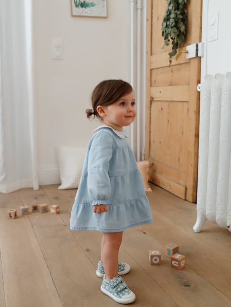 Stoffen tennisschoenen met klittenband voor babymeisjes blauwe madeliefjesprint+roze, bedrukt+WIT - vertbaudet enfant 