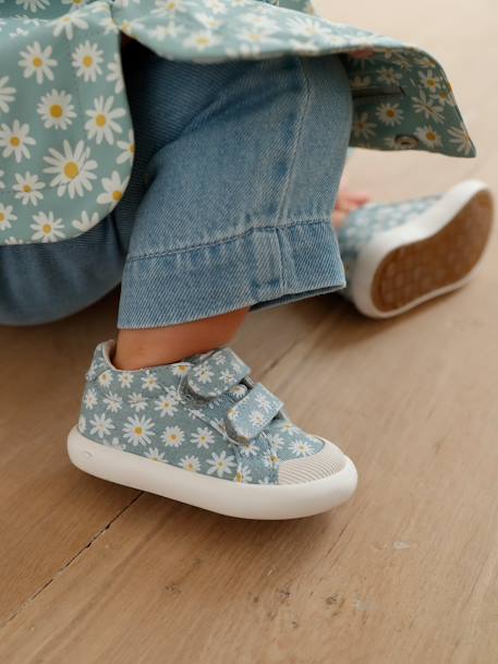 Stoffen tennisschoenen met klittenband voor babymeisjes blauwe madeliefjesprint+roze, bedrukt+WIT - vertbaudet enfant 