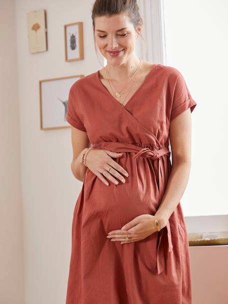 Lange wikkeljurk van linnen en katoen, zwangerschap en borstvoeding Rood - vertbaudet enfant 