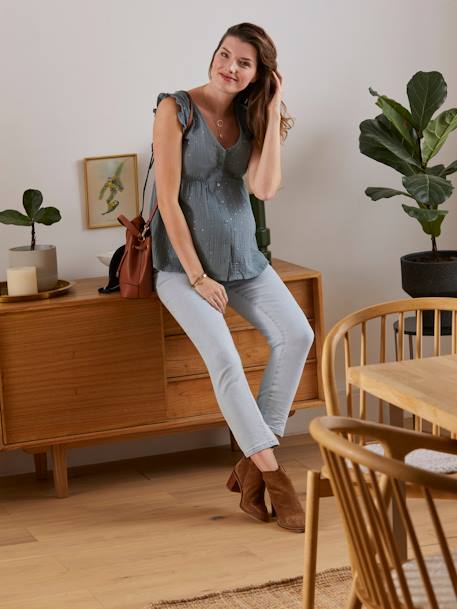 Blouse de grossesse et d'allaitement gaze de coton VERT MOYEN UNI AVEC DECOR - vertbaudet enfant 