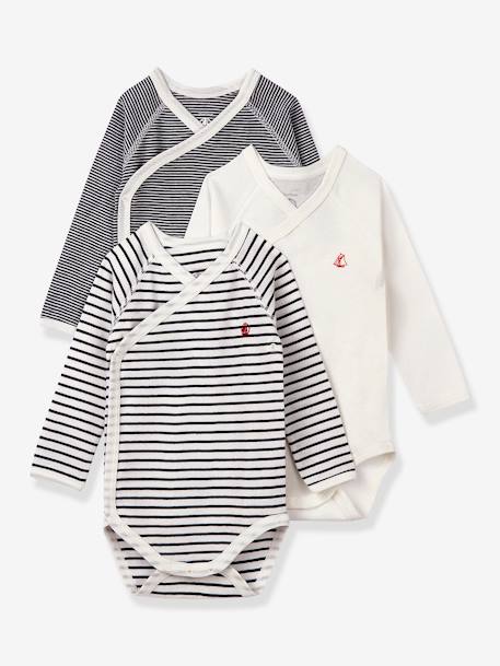 Lot de 3 bodies croisés manches longues rayés bébé naissance en coton bio marine - vertbaudet enfant 