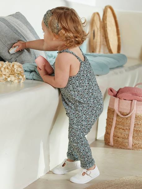 Set jumpsuit en haarband babymeisje van molton groengrijs met print+lichtroze+nachtblauw+wit met print - vertbaudet enfant 