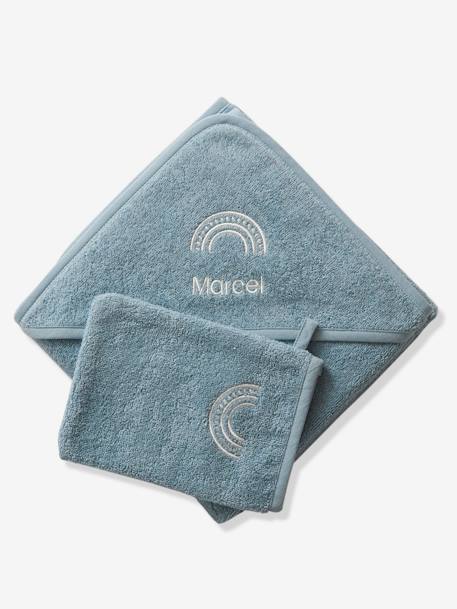 Cape de bain personnalisable et gant de toilette blanc+bleu moyen+framboise+marine+ocre+rose poudré+vert bleuté+vert céladon - vertbaudet enfant 