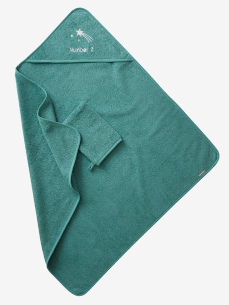 Cape de bain personnalisable et gant de toilette blanc+bleu moyen+framboise+marine+ocre+rose poudré+vert bleuté+vert céladon - vertbaudet enfant 