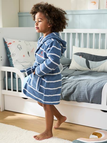 Personaliseerbare gestreepte kinderbadjas met capuchon Oeko-Tex® blauw/wit - vertbaudet enfant 