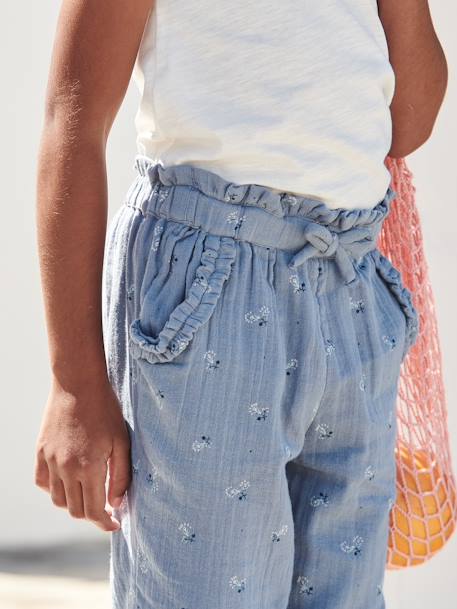 Driekwartsbroek voor meisjes met bloemenprint in katoengaas antraciet+blauw - vertbaudet enfant 