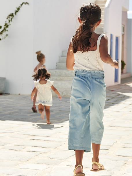 Pantacourt fille large en denim léger style 'paperbag' bleu moyen+double stone - vertbaudet enfant 