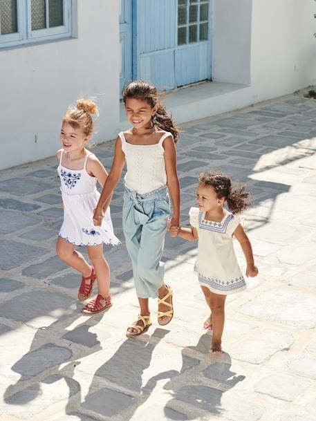 Pantacourt fille large en denim léger style 'paperbag' bleu moyen+double stone - vertbaudet enfant 