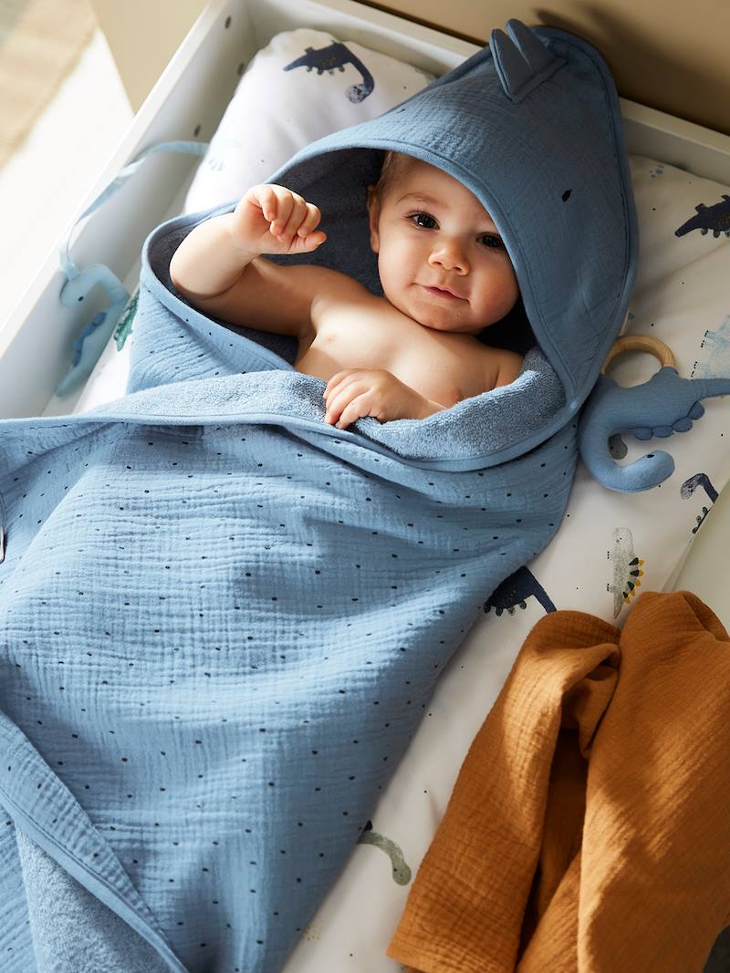 VERTBAUDET Cape De Bain Bébé Gaze Coton + Gant Petit Dino - 80x80 Ou 100x100 Cm, Capuche Broderie 3D, Coffret Cadeau Naissance