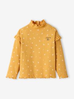 Meisje-T-shirt, souspull-Souspull-Geribd meisjes-T-shirt met opstaande kraag en mouwen met ruches