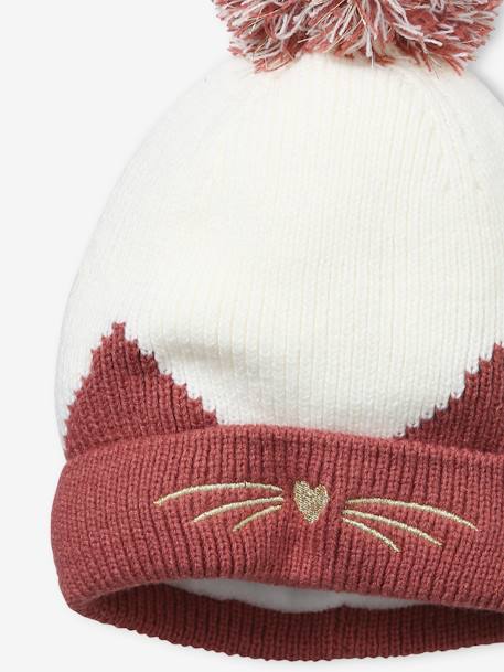 Bonnet brodé chat en maille côtelée rose foncé - vertbaudet enfant 