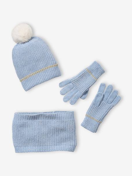 Meisjesset met muts + snood + handschoenen in chenille lichtblauw - vertbaudet enfant 