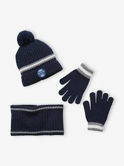 Jongens-Accessoires-Muts, sjaal, handschoenen-Set muts + snood + handschoenen voor jongens van geribbeld tricot