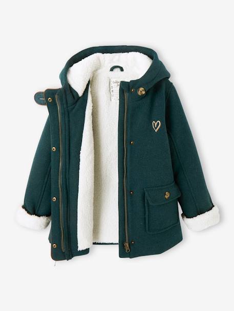 Manteau à capuche fille drap de laine doublé sherpa bordeaux+chamois+marine+vert foncé - vertbaudet enfant 