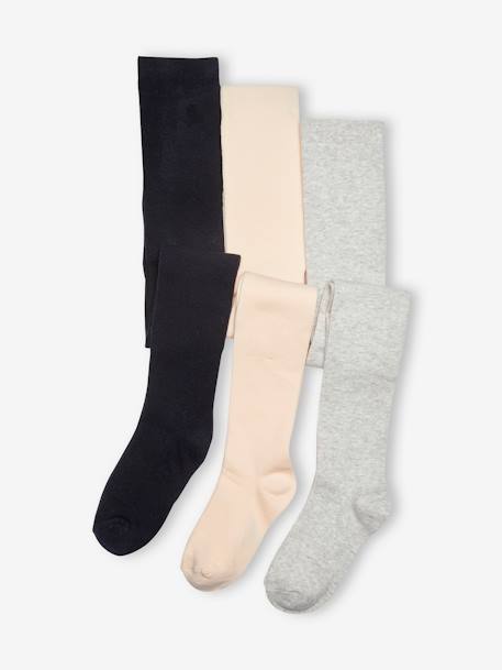 Lot de 3 paires de collants fille BASICS écru+lot encre+Lot gris chiné moyen+marine+prune+rose poudré+vieux rose - vertbaudet enfant 