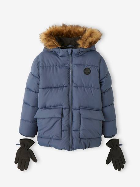 Doudoune à capuche doublée polaire avec gants ou moufles garçon BLEU+MORDORE - vertbaudet enfant 