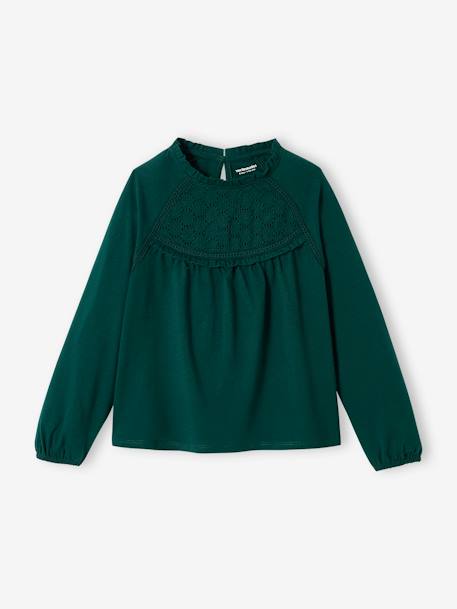 Tee-shirt blouse fille détail broderie anglaise manches longues écru+marine+mauve+vert foncé - vertbaudet enfant 